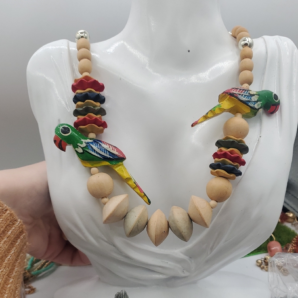 Colorful Parrot Wooden Beaded Necklace 28 Inch Overflow